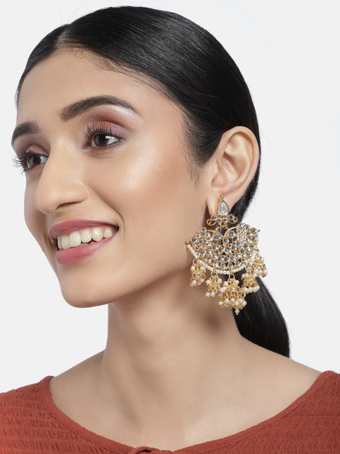 

I Jewels White Gold-Plated Kundan Studded Crescent Shaped Chandbalis