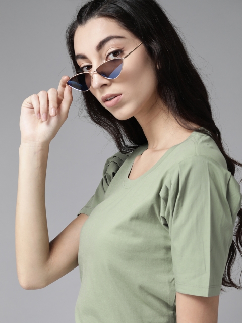 

Roadster Women Green Solid Puff Sleeves Top