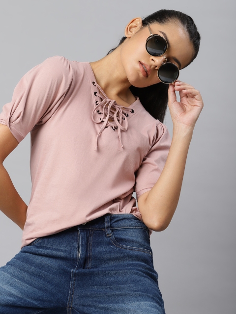 

Roadster Pink Tie-Up Neck Puff Sleeve Regular Top