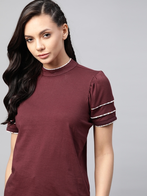

The Roadster Lifestyle Co Maroon Puff Sleeve Cotton Regular Top