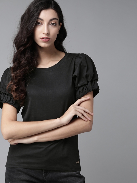 

Roadster Women Black Solid Puff Sleeves Regular Top