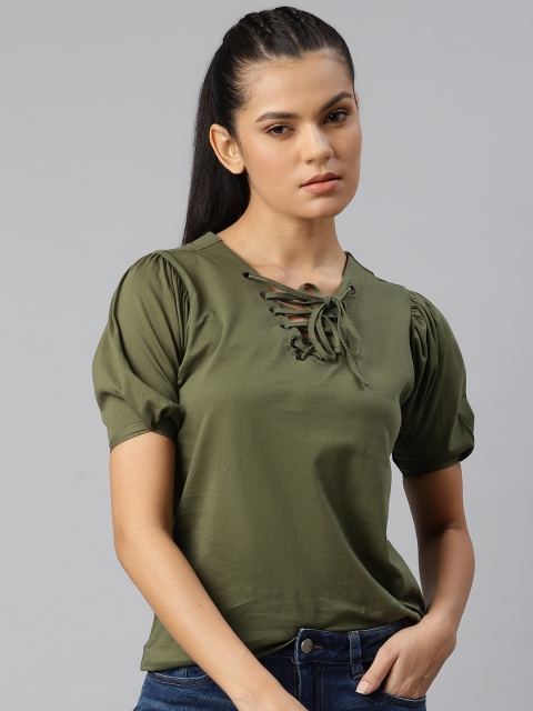 

Roadster Olive Green Lace-Up Neck Puff Sleeve Regular Top