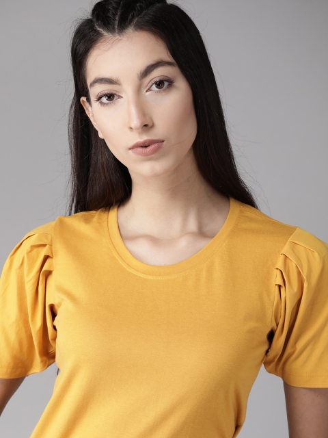 

Roadster Women Mustard Yellow Solid Puff Sleeves Top