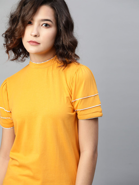 

The Roadster Lifestyle Co Mustard Yellow Pure Cotton Top With Contrast Piping