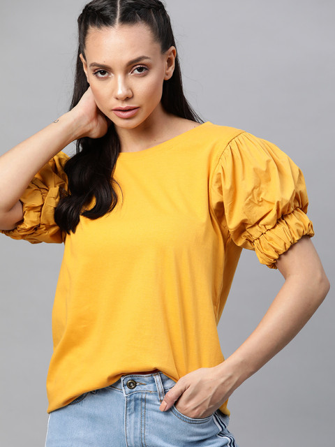 

Roadster Mustard Yellow Pure Cotton Puff Sleeve Regular Top