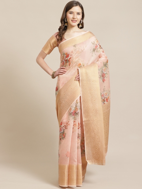 

Shangrila Creation Peach-Coloured & Golden Floral Printed Banarasi Saree