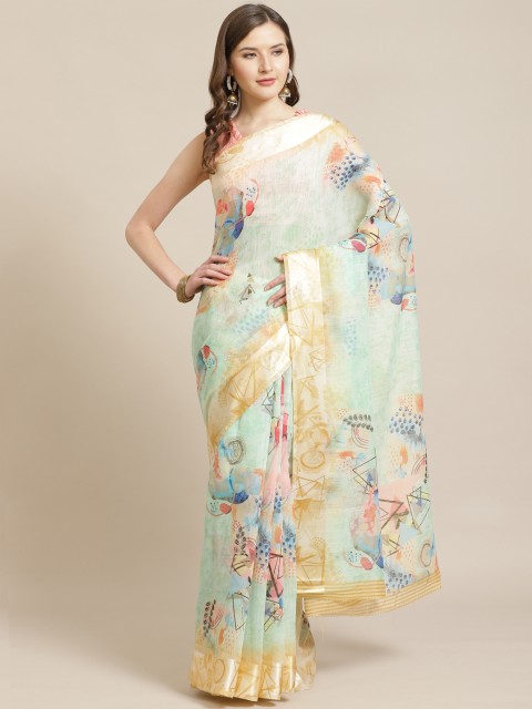 

Shangrila Creation Sea Green & Blue Block Print Saree