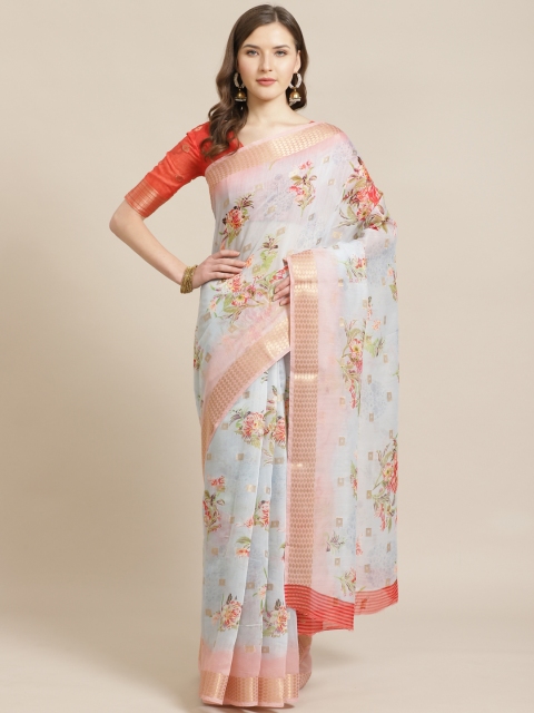 

Shangrila Creation Blue & Red Floral Block Print Saree