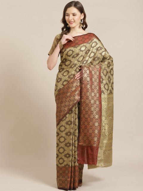 

Shangrila Creation Brown & Golden Parsi Art Woven Design Banarasi Saree
