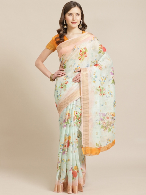 

Shangrila Creation Sea Green & Red Floral Block Print Saree