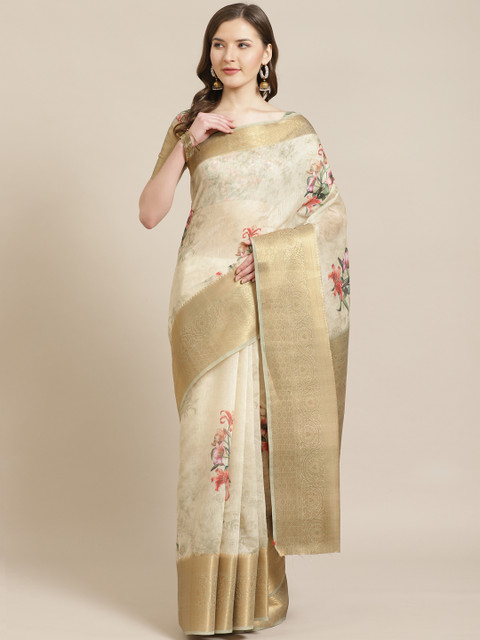 

Shangrila Creation Beige & Red Floral Printed Banarasi Saree