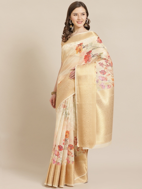 Shangrila Creation Beige & Pink Digital Floral Printed Banarasi Saree