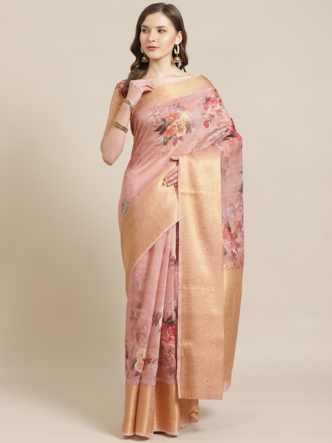 

Shangrila Creation Pink Floral Printed Banarasi Saree