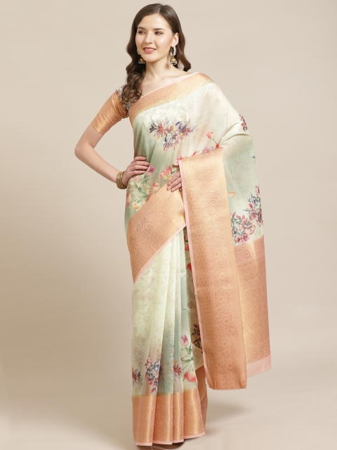 

Shangrila Creation Green & Cream-Coloured Digital Floral Printed Banarasi Saree