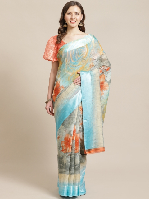 

Shangrila Creation Blue & Orange Floral Block Print Saree