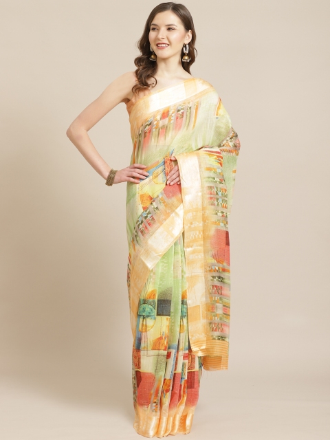 

Shangrila Creation Green & Cream-Coloured Block Print Saree