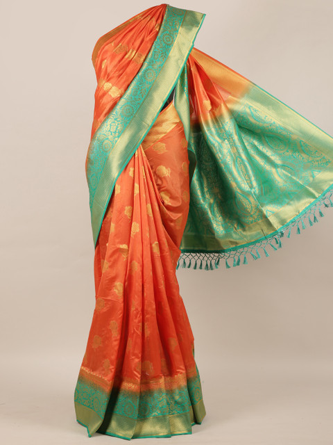 

Pothys Orange & Green Jute Silk Woven Design Saree