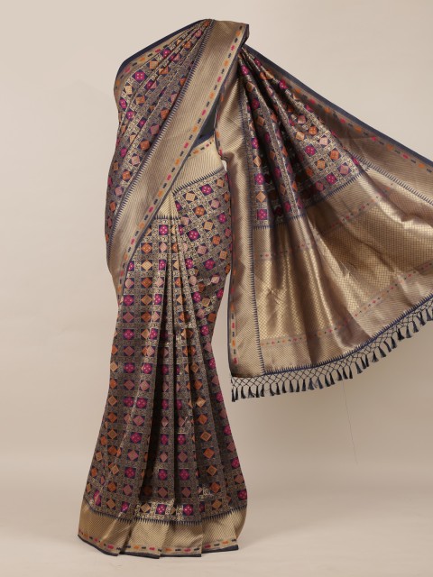 

Pothys Navy Blue & Gold-Toned Jute Silk Woven Design Saree
