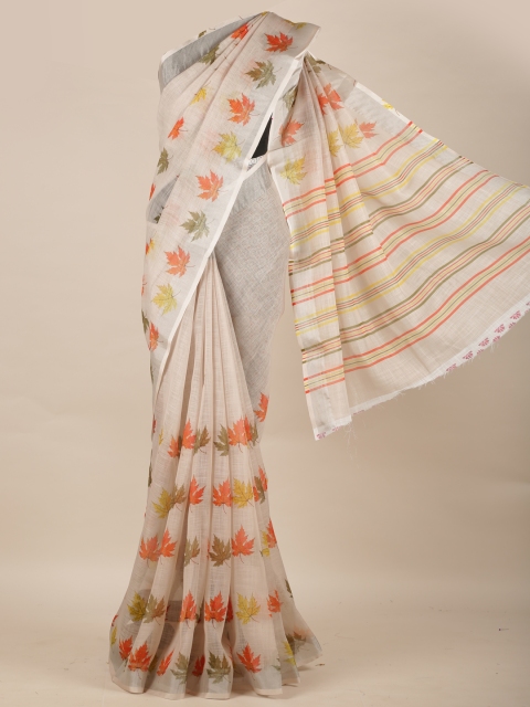 

Pothys Cream-Coloured Printed Linen Blend Saree with Zari Border