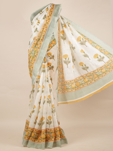 

Pothys White & Green Linen Blend Printed Saree