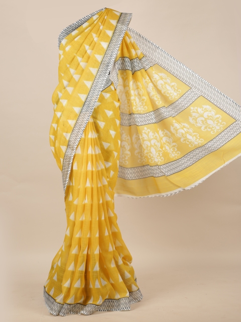 

Pothys Yellow & Off-White Linen Blend Printed Saree