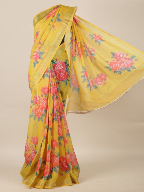 

Pothys Yellow Printed Linen Blend Saree