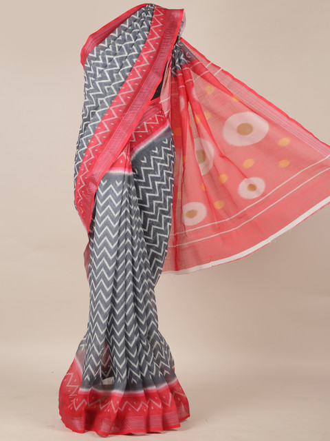 

Pothys Grey & Red Linen Blend Printed Saree