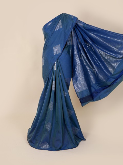

Pothys Blue & Silver-Toned Silk Cotton Woven Design Kanjeevaram Saree