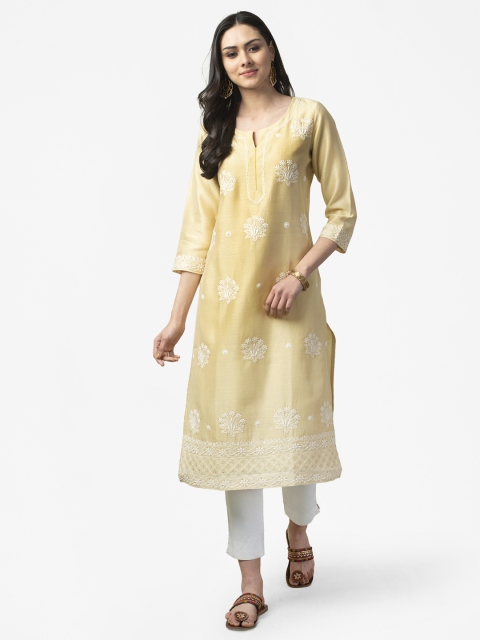 

Fabindia Women Yellow & White Chikankari Embroidered Straight Kurta