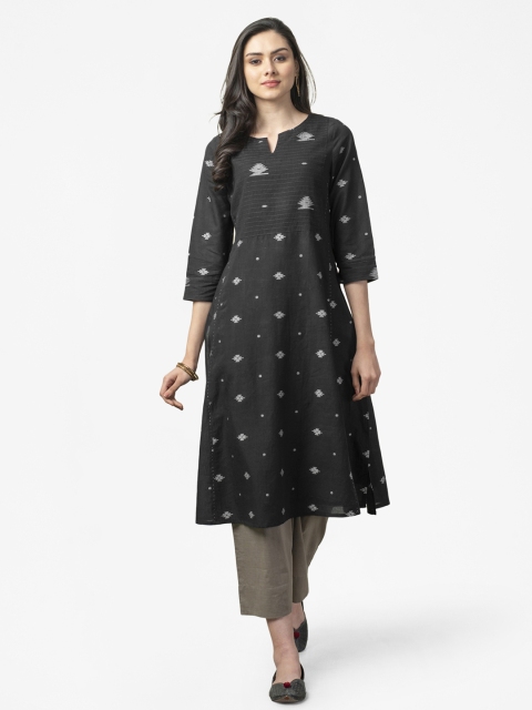 

Fabindia Women Black & White Woven Design Jamdani Pure Cotton A-Line Kurta