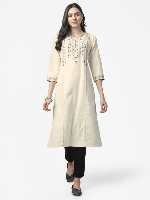 

Fabindia Women Off-White & Grey Chikankari Embroidered A-line Kurta