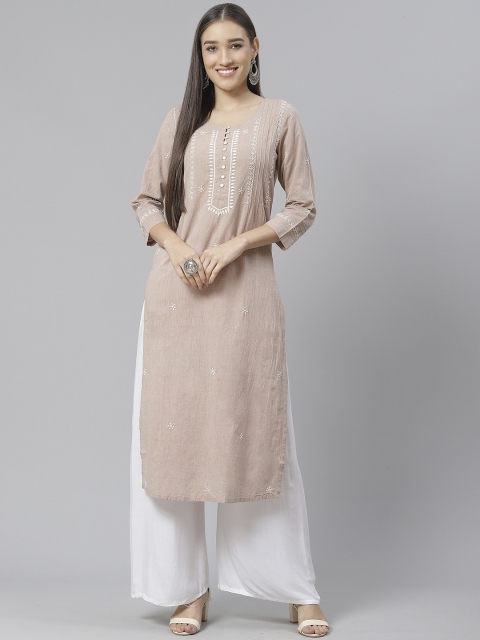 

Fabindia Women Beige & White Chikankari Embroidered Pure Cotton Straight Kurta