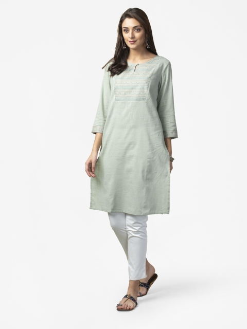 

Fabindia Women Sea Green Yoke Design Pure Cotton Straight Kurta