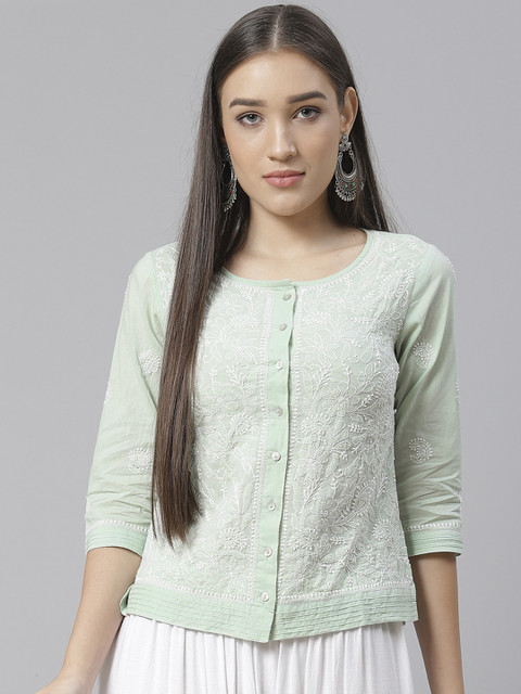 

Fabindia Women Green & White Pure Cotton Chikankari Embroidered Top