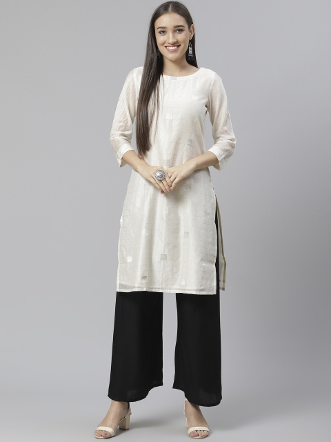 

Fabindia Women Off-White & Silver Slim-Fit Self Checked Straight Kurta