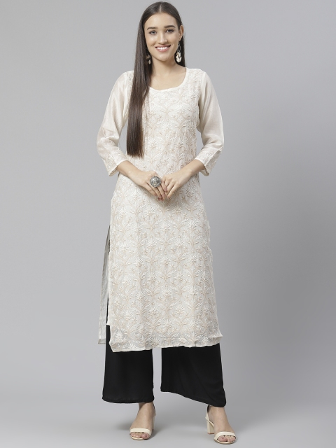 

Fabindia Women Off-White & Beige Pure Cotton Chikankari Embroidered Straight Kurta & Slip