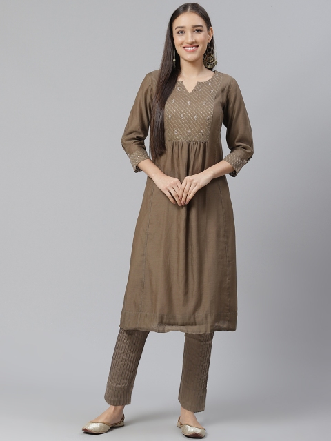 

Fabindia Women Taupe Hand Embroidered Kurta with Trousers