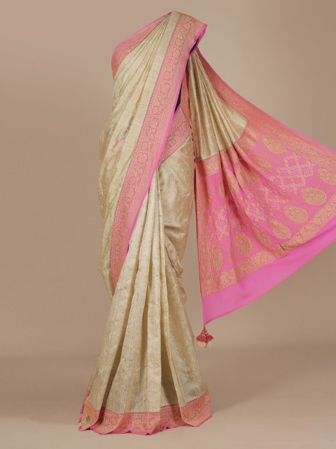 

Pothys Cream-Coloured & Pink Jute Silk Woven Design Saree