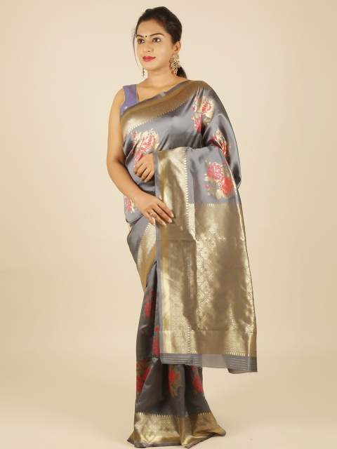 

Pothys Grey & Gold-Toned Jute Silk Printed Saree with Zari Border