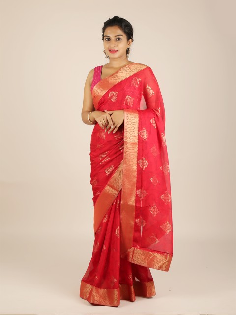 

Pothys Red & Gold-Toned Poly Chiffon Printed Saree with Zari Border