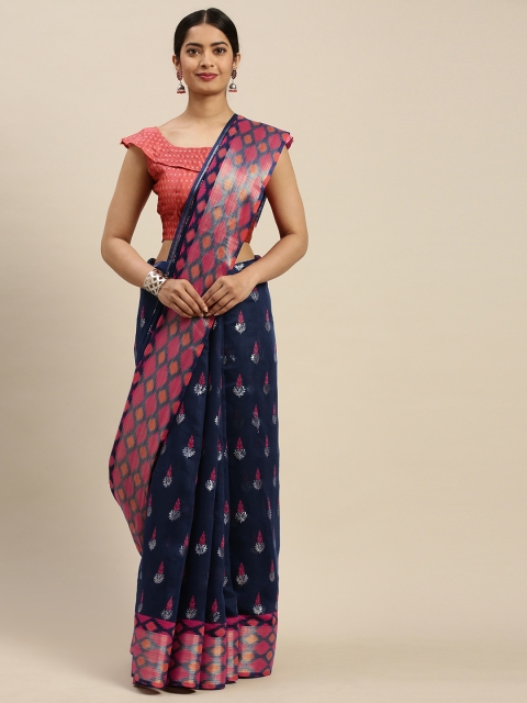 

Nanda Silk Mills Navy Blue & Pink Ethnic Motifs Foil Print Saree