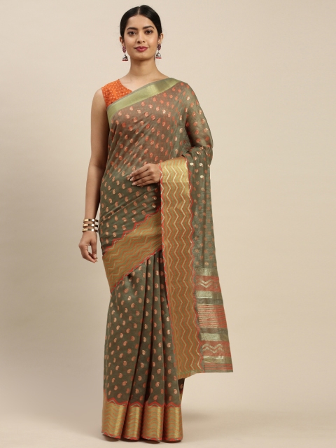 

Nanda Silk Mills Charcoal Grey & Orange Foil Print Saree