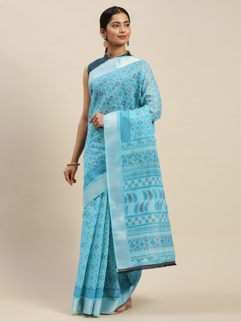 

Nanda Silk Mills Turquoise Blue Printed Cotton Blend Saree
