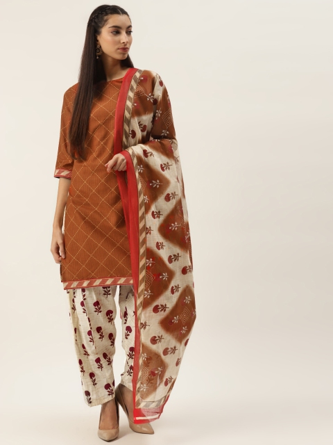 

PIRKO Women Brown & Cream-Coloured Ethnic Print Pure Cotton Unstitched Dress Material