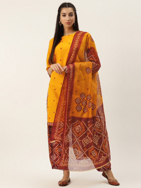 

PIRKO Mustard Yellow & Maroon Printed Pure Cotton Unstitched Dress Material