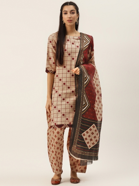 

PIRKO Beige & Maroon Pure Cotton Checked Unstitched Dress Material