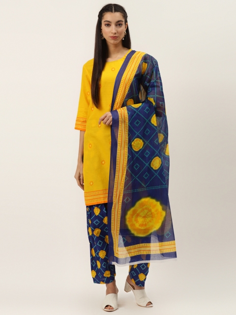 

PIRKO Yellow & Blue Printed Pure Cotton Unstitched Dress Material