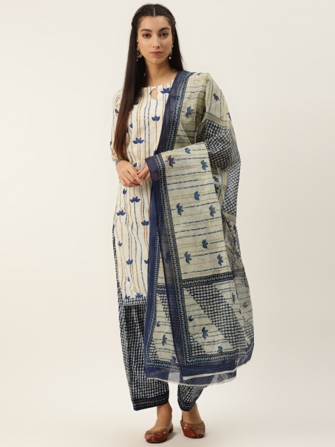 

PIRKO Cream-Coloured & Navy Blue Striped Pure Cotton Unstitched Dress Material