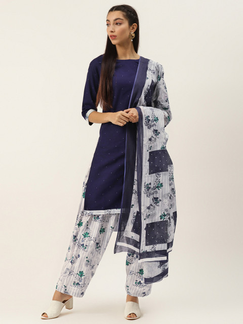 

PIRKO Navy Blue & White Pure Cotton Micro Ditsy Print Unstitched Dress Material