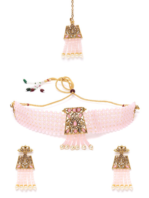 

MUCH MORE Pink Gold-Plated Beaded & Artificial Stone Studded Jewellery Set